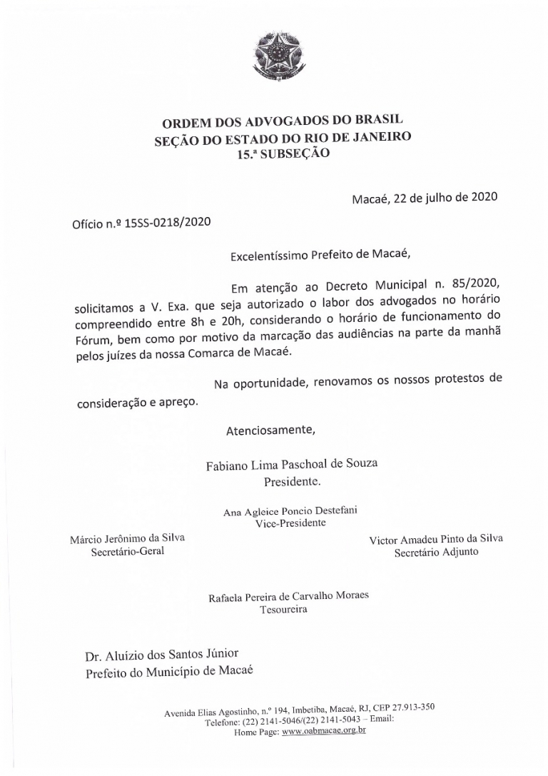 15ª Subseção da OABRJ faz nova solicitação à Prefeitura de Macaé para extensão do horário de labor dos advogados